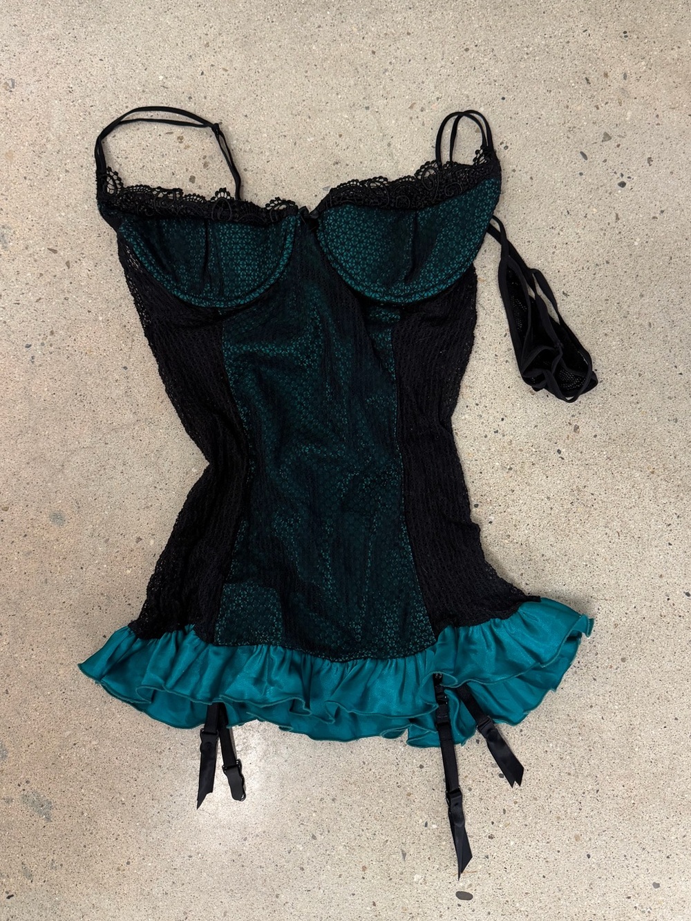 Frederick's of Hollywood Black and Teal Lace-Trim Satin Chemise